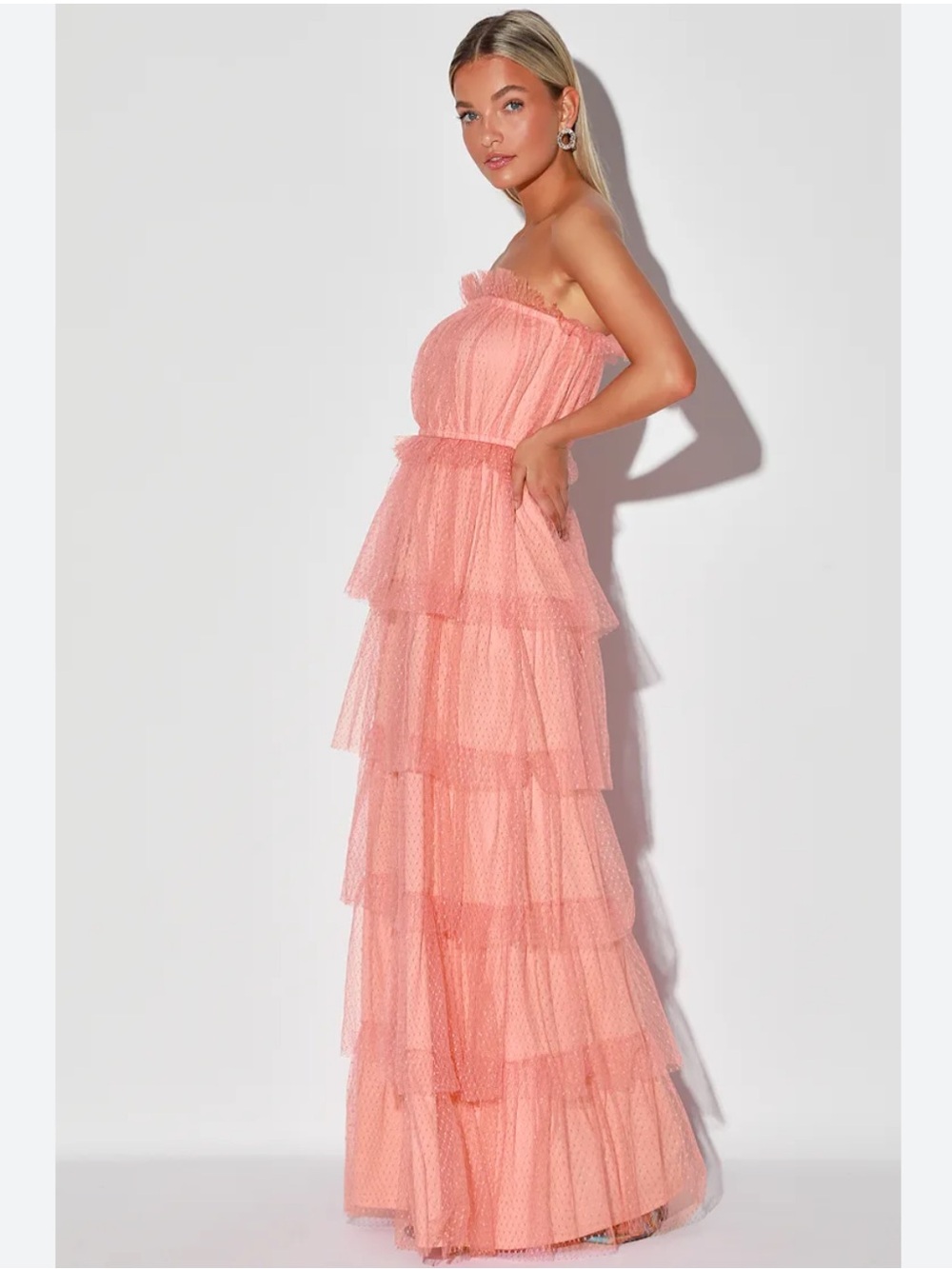 LULUS Tier for a Good Time Coral Pink Strapless Tiered Maxi Dress Medium Prom